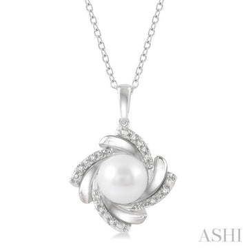 7x7 MM Round Shape Cultured Pearl and 1/50 Ctw Swirl Round Cut Diamond Pendant With Chain in Sterling Silver